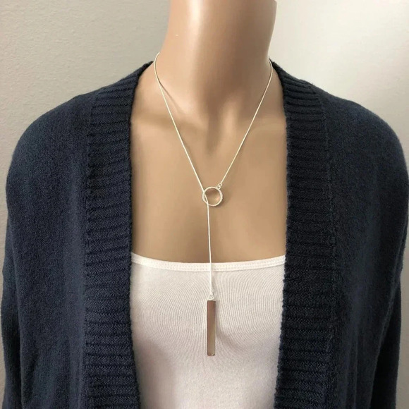 Silver Bar & Circle Snakechain Lariat Necklace - Picture 3 of 6